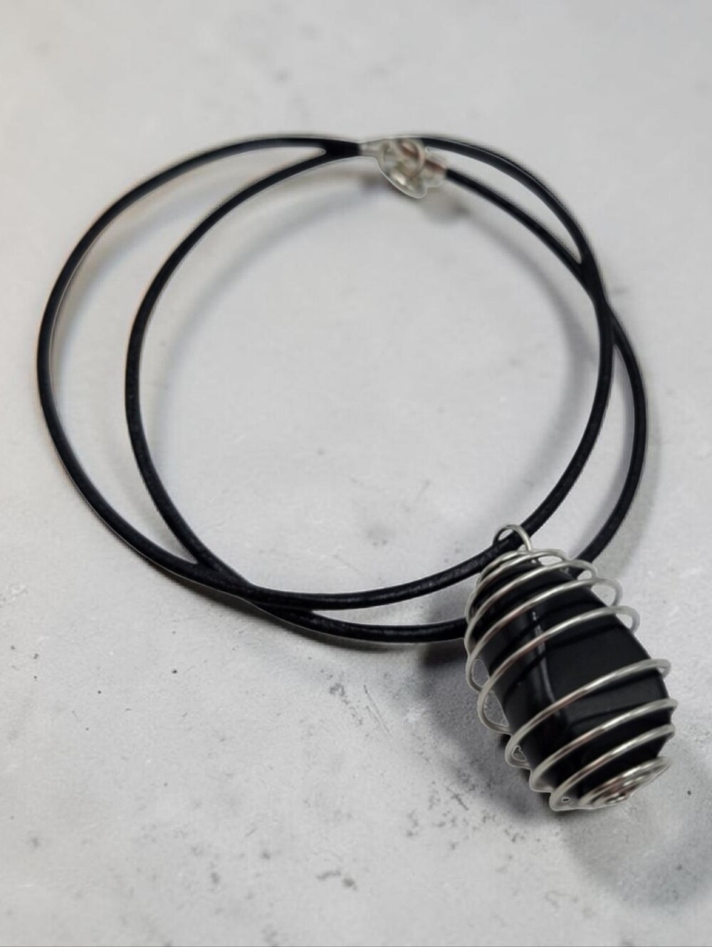 Handmade Black Onyx Stone Pendant in Silver Spiral Cage Necklace